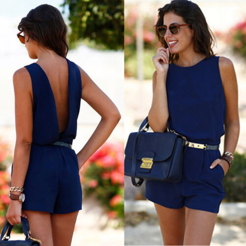 Fashion sexy backless waist belt pocket ladies jumpsuit